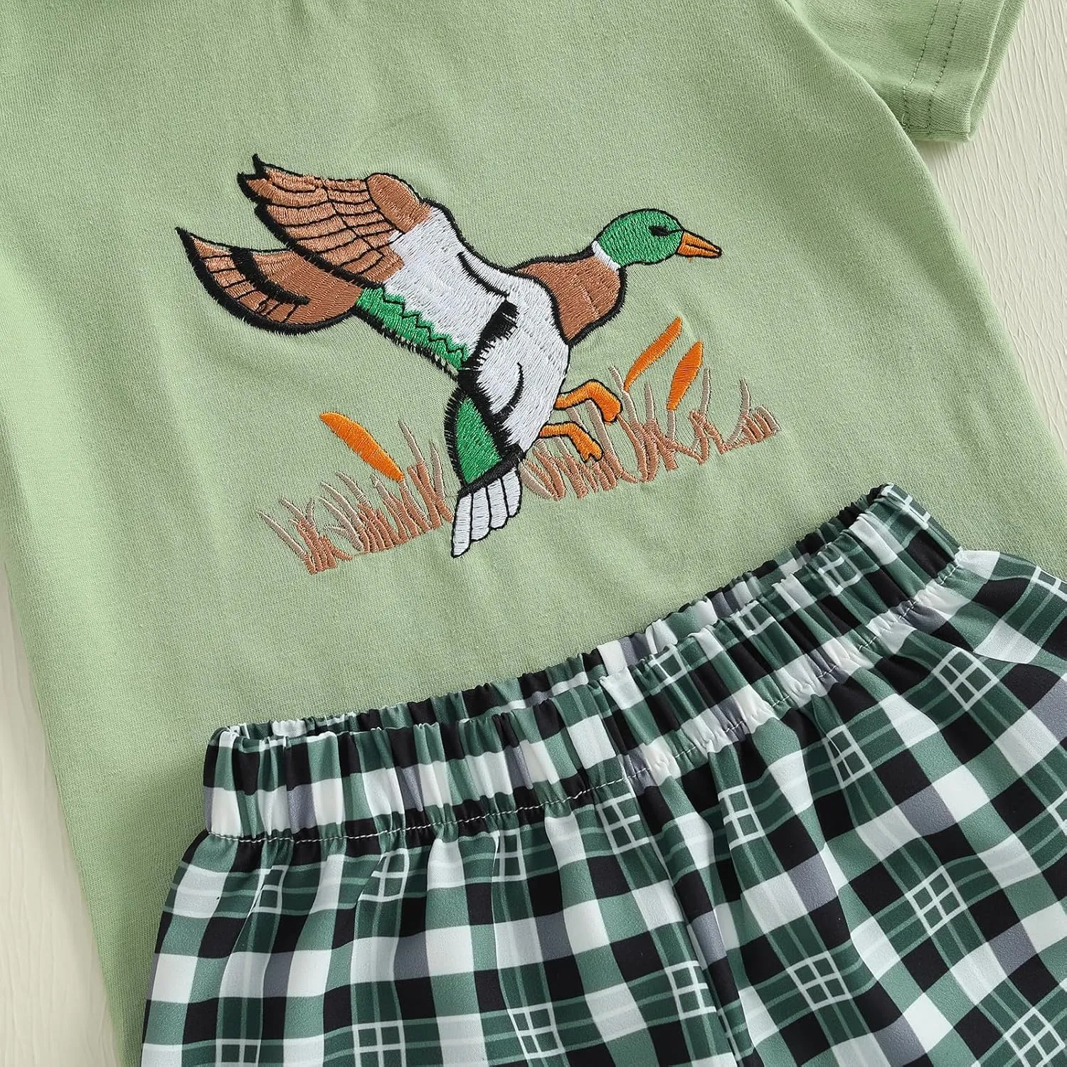 Engofs Baby Toddler Boy Shorts Set Duck Embroidery Short Sleeve T-shirt Plaid Shorts Casual Farm Clothes
