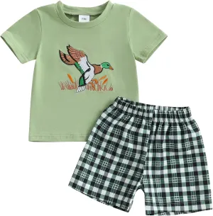Engofs Baby Toddler Boy Shorts Set Duck Embroidery Short Sleeve T-shirt Plaid Shorts Casual Farm Clothes
