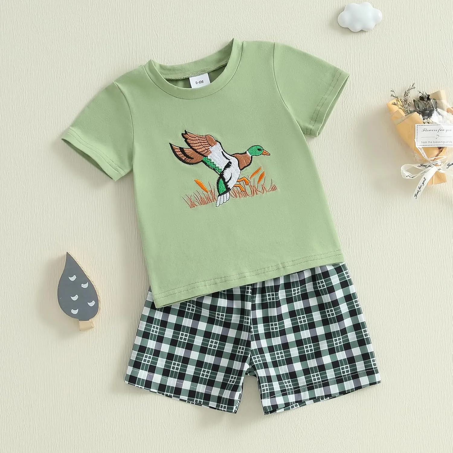 Engofs Baby Toddler Boy Shorts Set Duck Embroidery Short Sleeve T-shirt Plaid Shorts Casual Farm Clothes
