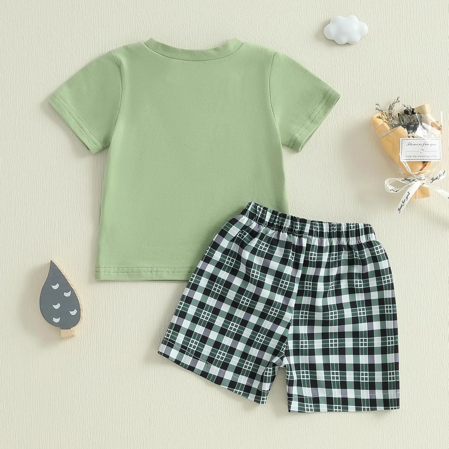 Engofs Baby Toddler Boy Shorts Set Duck Embroidery Short Sleeve T-shirt Plaid Shorts Casual Farm Clothes
