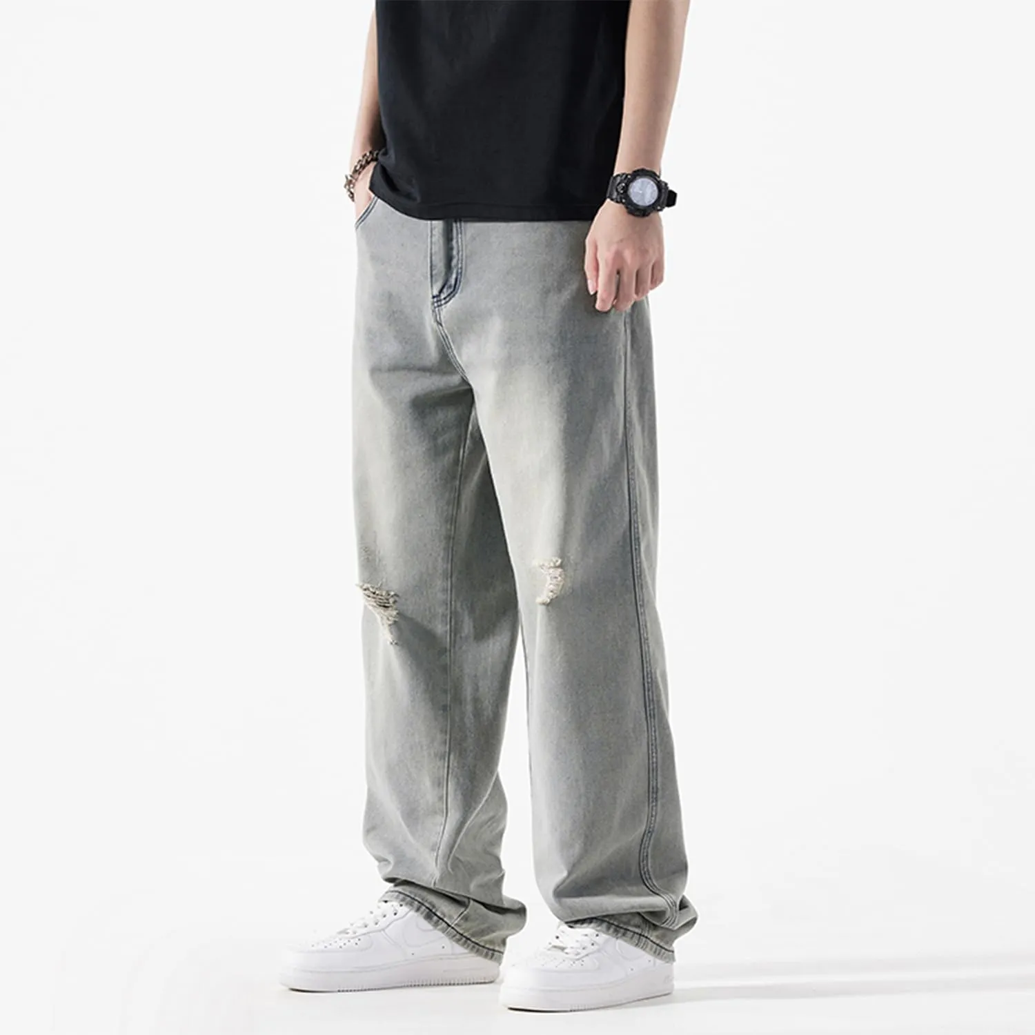 EnllerviiD Men's Baggy Denim Jeans Loose Fit Ripped Distressed Jean Hip Hop Vintage Skater Dance Pants Streetwear