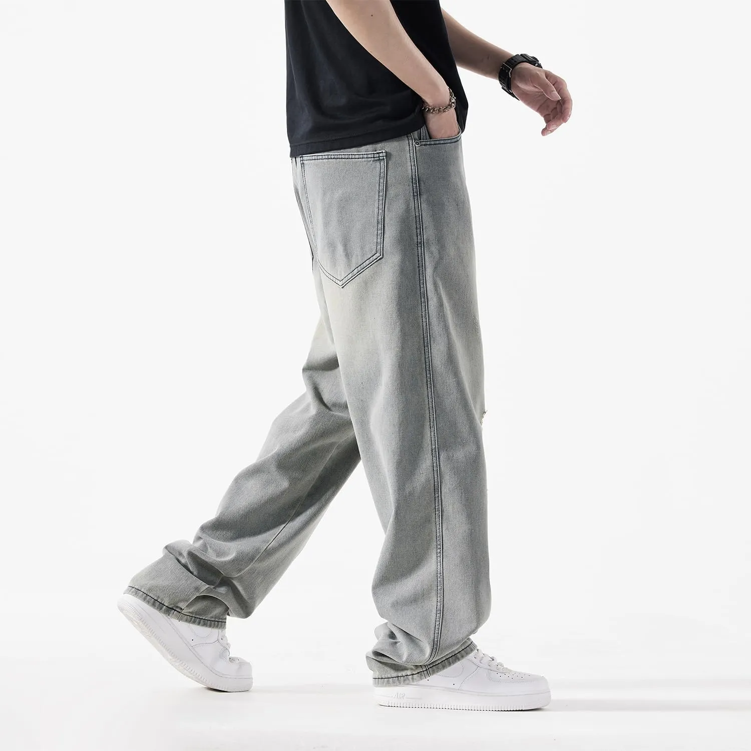 EnllerviiD Men's Baggy Denim Jeans Loose Fit Ripped Distressed Jean Hip Hop Vintage Skater Dance Pants Streetwear