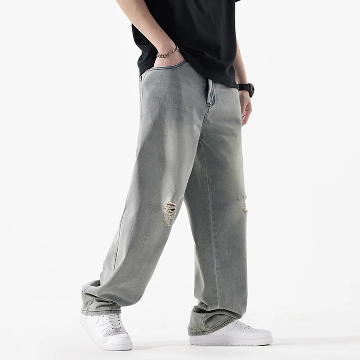 EnllerviiD Men's Baggy Denim Jeans Loose Fit Ripped Distressed Jean Hip Hop Vintage Skater Dance Pants Streetwear