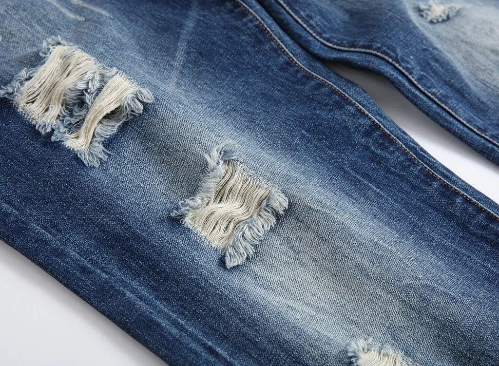 Enrica Men's Ripped Distressed Destroyed Straight Fit Washed Denim Jeans