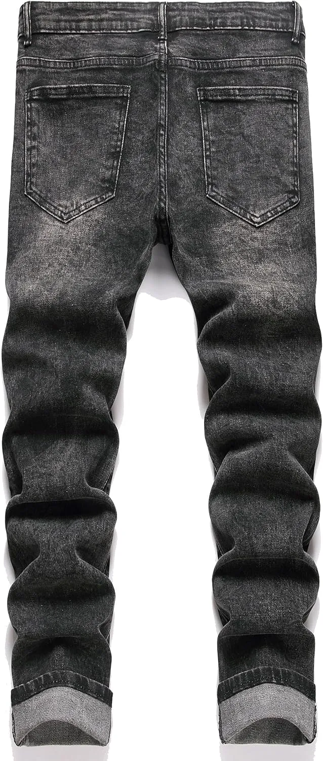 Enrica Men's Ripped Distressed Destroyed Straight Fit Washed Denim Jeans