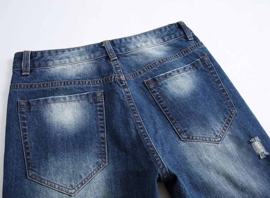 Enrica Men's Ripped Distressed Destroyed Straight Fit Washed Denim Jeans