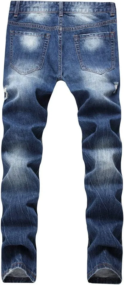 Enrica Men's Ripped Distressed Destroyed Straight Fit Washed Denim Jeans