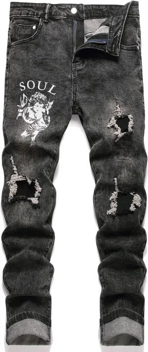 Enrica Men's Ripped Distressed Destroyed Straight Fit Washed Denim Jeans