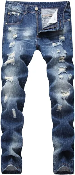 Enrica Men's Ripped Distressed Destroyed Straight Fit Washed Denim Jeans
