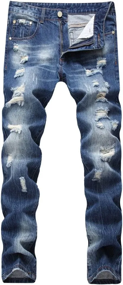 Enrica Men's Ripped Distressed Destroyed Straight Fit Washed Denim Jeans