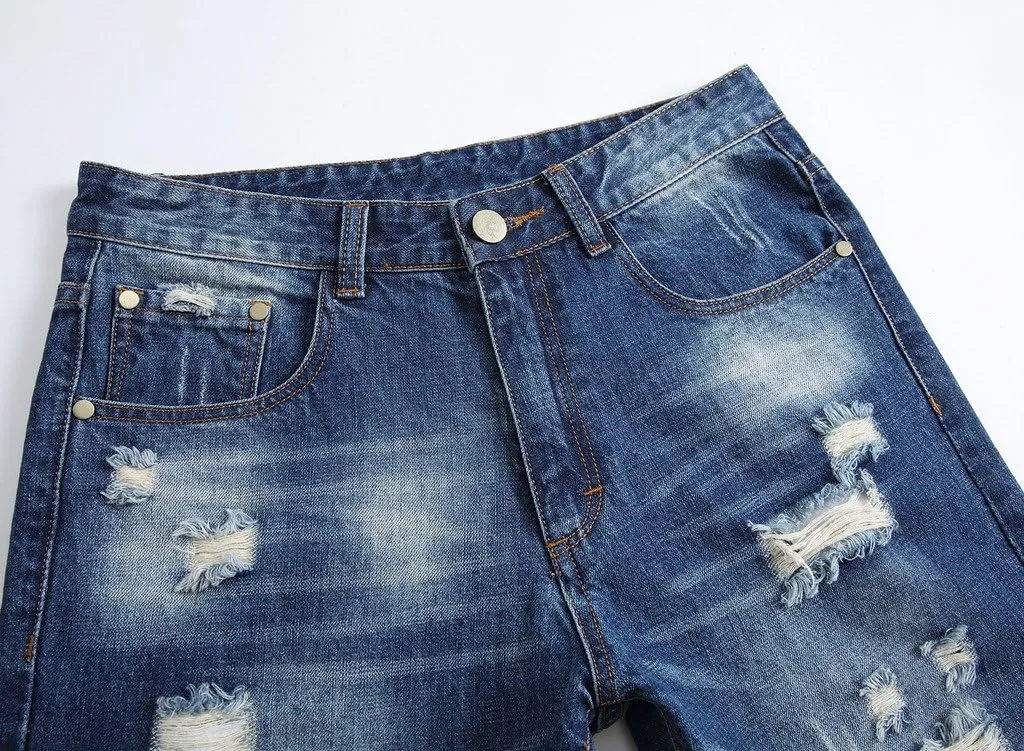 Enrica Men's Ripped Distressed Destroyed Straight Fit Washed Denim Jeans