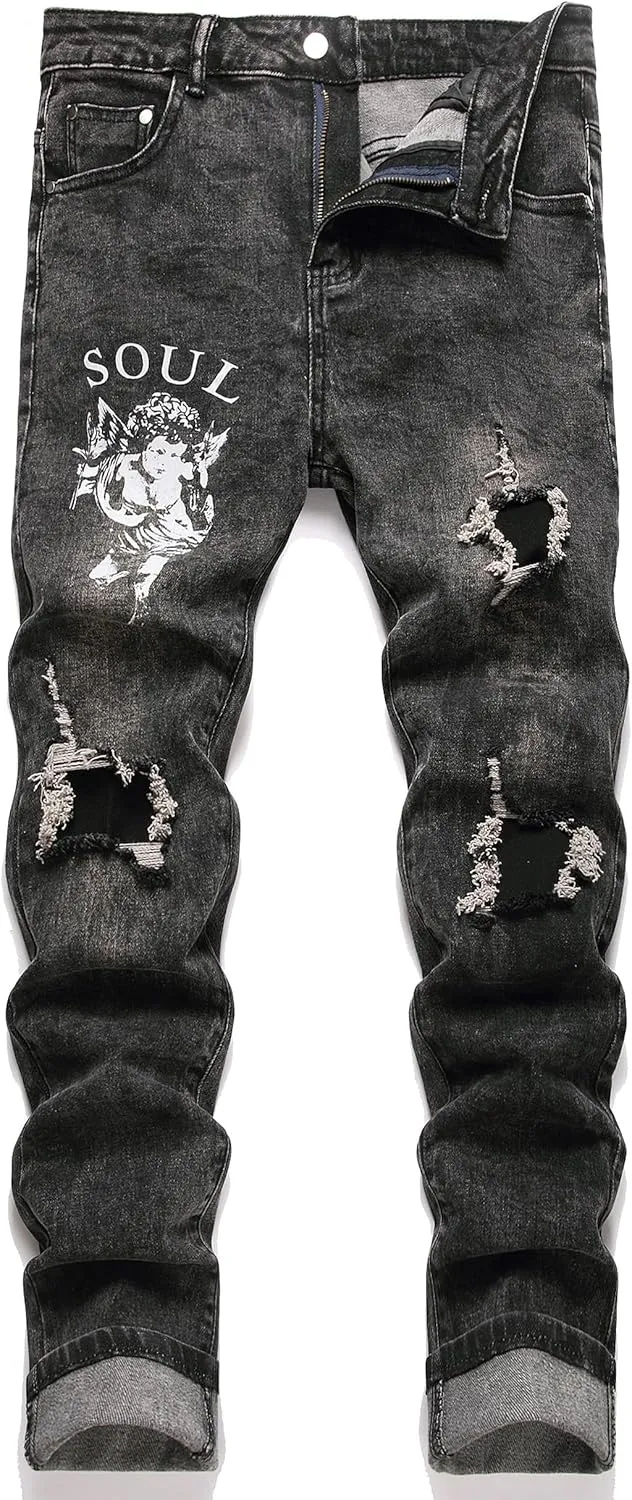 Enrica Men's Ripped Distressed Destroyed Straight Fit Washed Denim Jeans