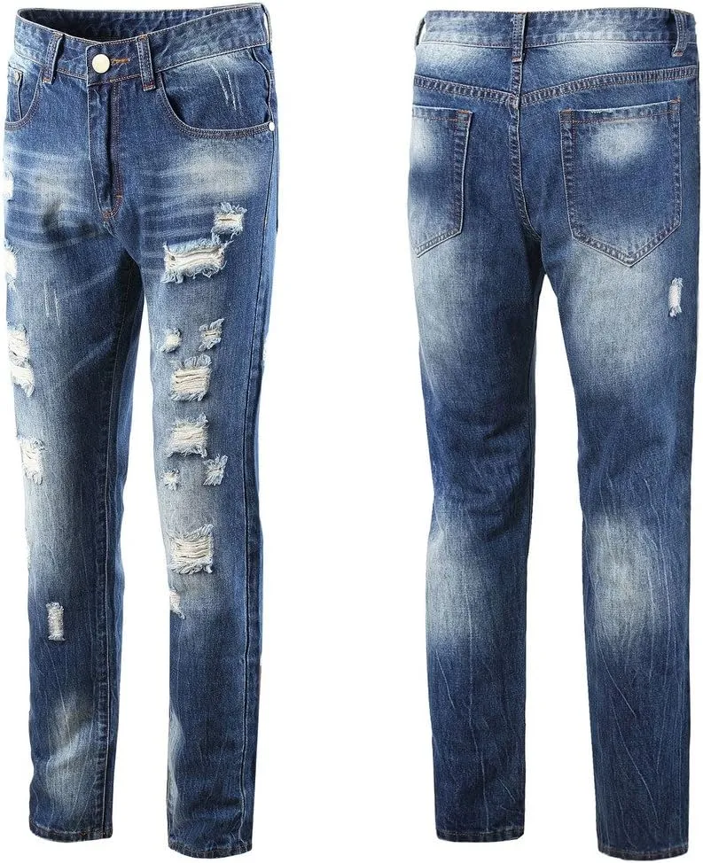 Enrica Men's Ripped Distressed Destroyed Straight Fit Washed Denim Jeans