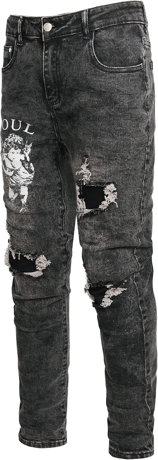 Enrica Men's Ripped Distressed Destroyed Straight Fit Washed Denim Jeans