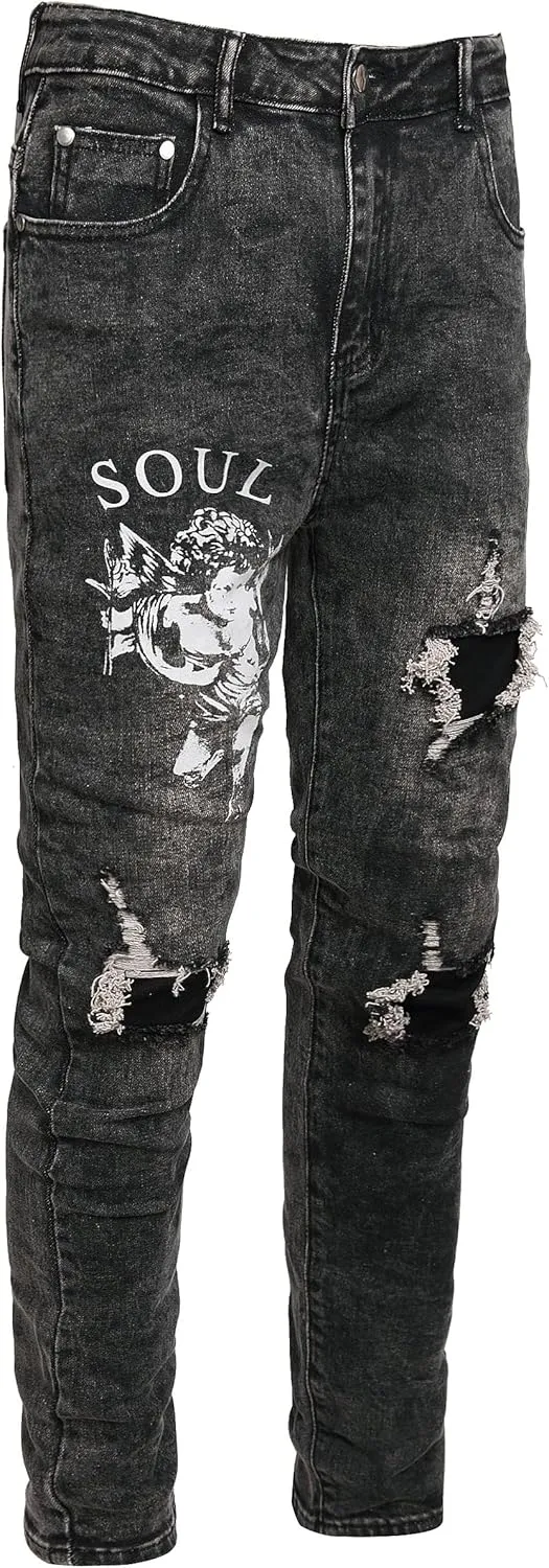 Enrica Men's Ripped Distressed Destroyed Straight Fit Washed Denim Jeans