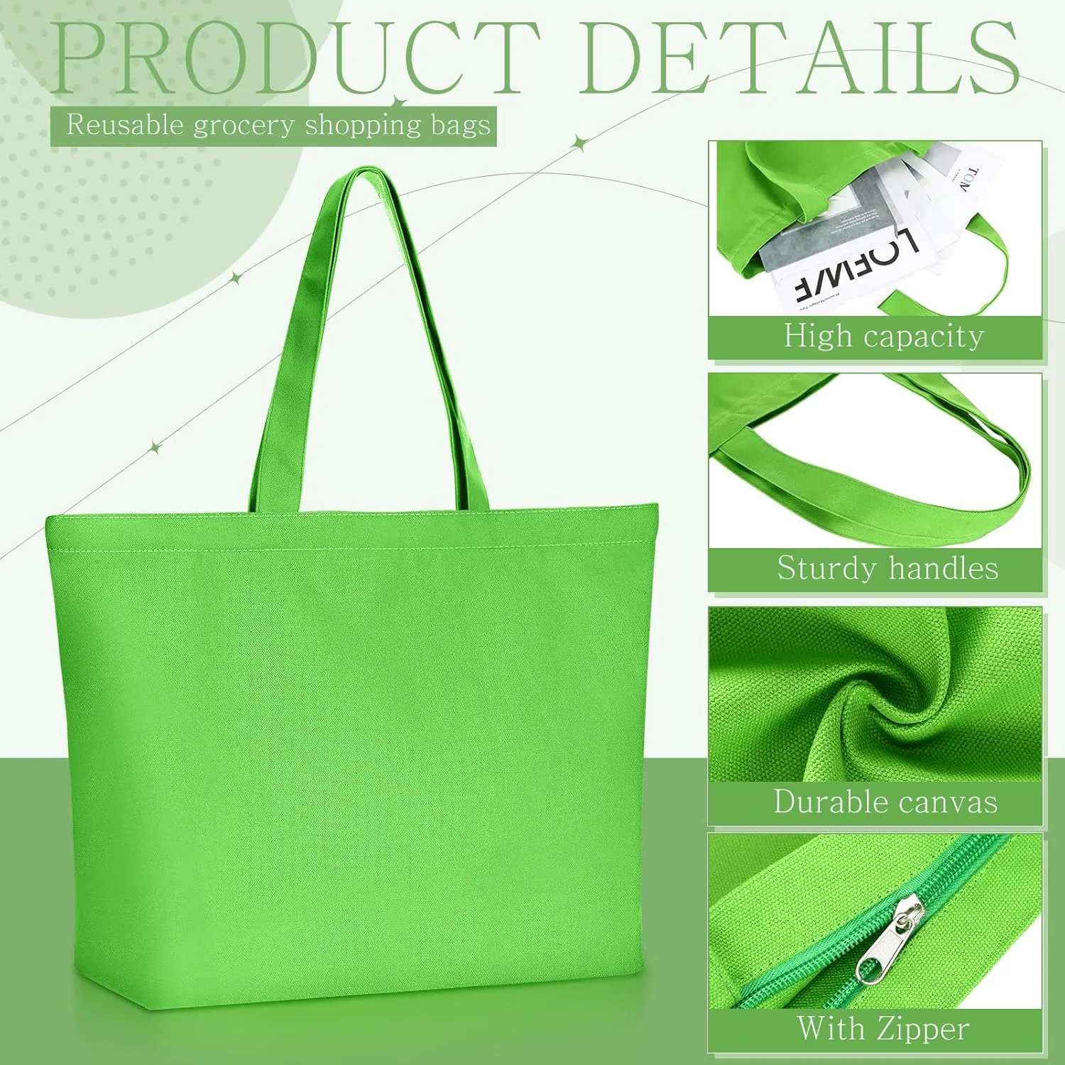 Epakh 10 Pack Tote Bag with Zipper - Reusable Large Blank Cotton Canvas Grocery Shopping Tote Bulk for Women Men DIY Crafting