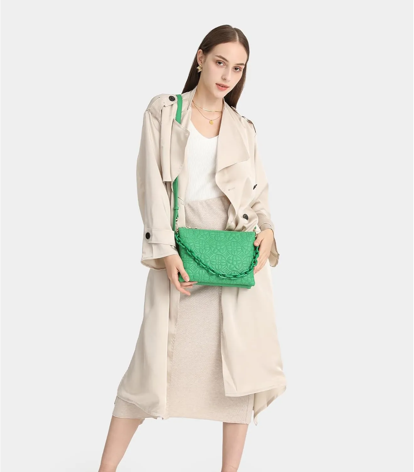 ER.Roulour Quilted Crossbody Bag for Women, Trendy Designer Chain PU Leather Triple Gusset Purses Shoulder Handbags