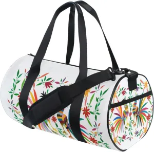 Ethnic Mexican with Embroidery Floral and Roosters Folk Duffel Bag, Foldable Canvas Travel Tote for Gym Sports with Inner Pockets, Durable Lightweight Fitness Bag for Overnight Workout