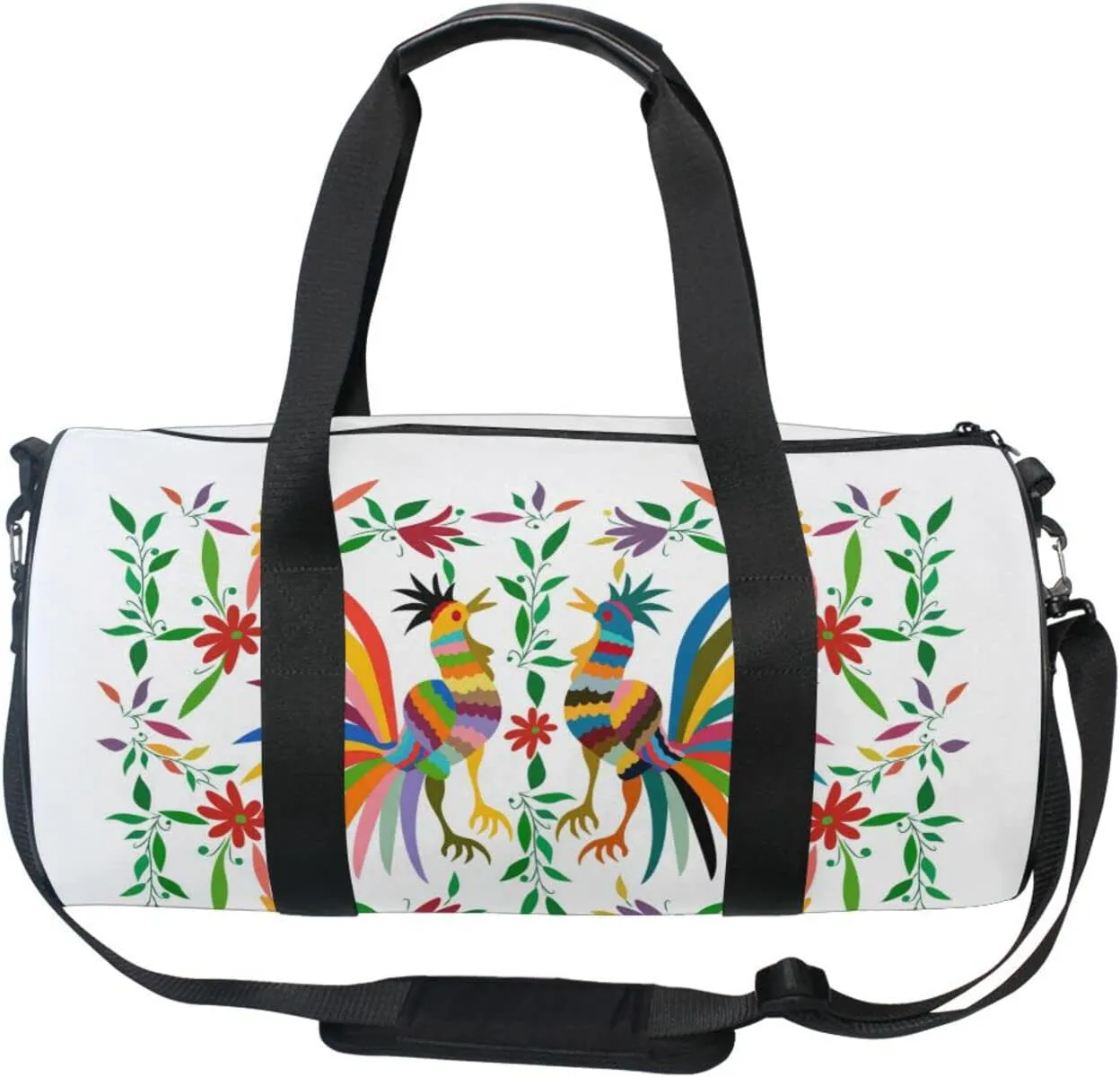 Ethnic Mexican with Embroidery Floral and Roosters Folk Duffel Bag, Foldable Canvas Travel Tote for Gym Sports with Inner Pockets, Durable Lightweight Fitness Bag for Overnight Workout