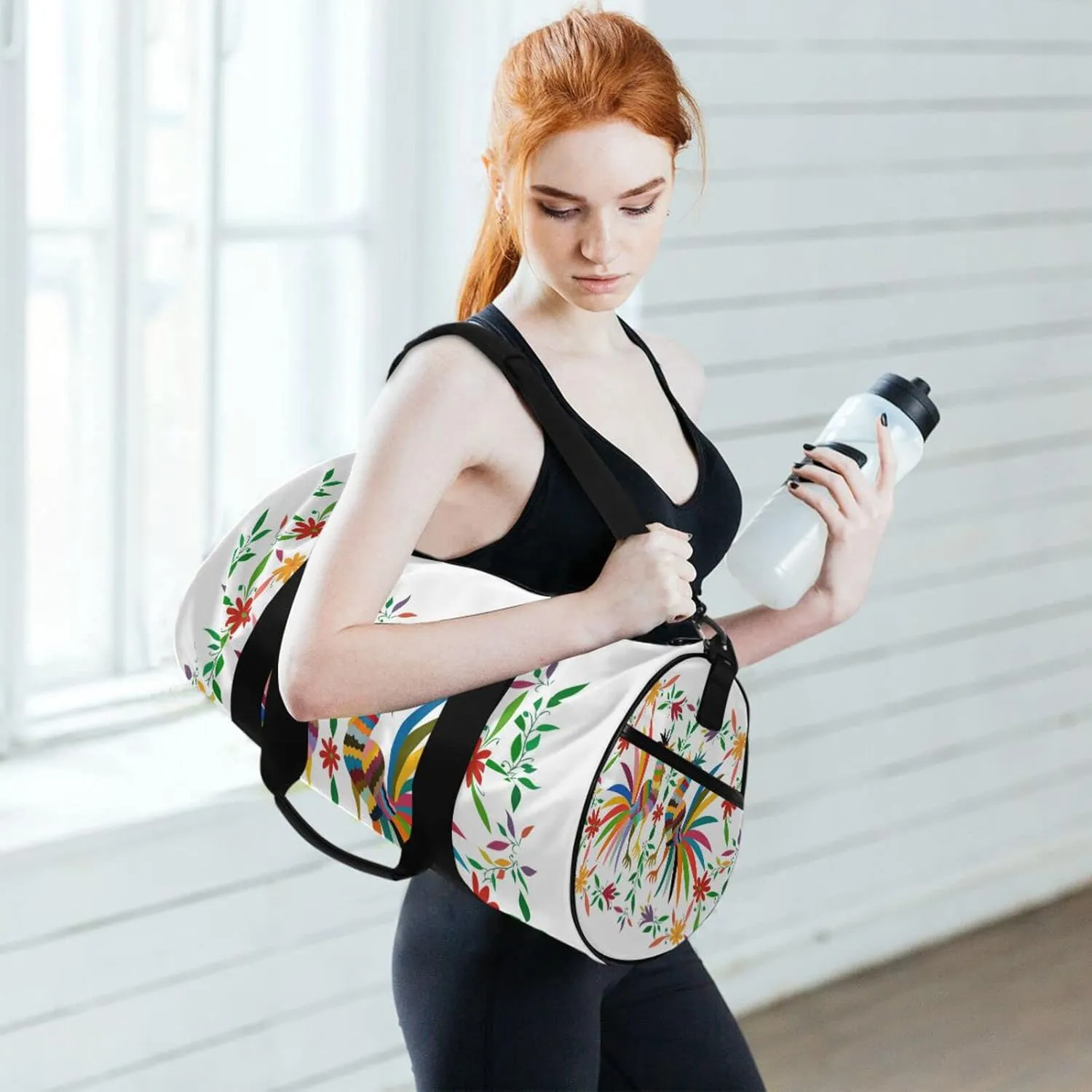 Ethnic Mexican with Embroidery Floral and Roosters Folk Duffel Bag, Foldable Canvas Travel Tote for Gym Sports with Inner Pockets, Durable Lightweight Fitness Bag for Overnight Workout