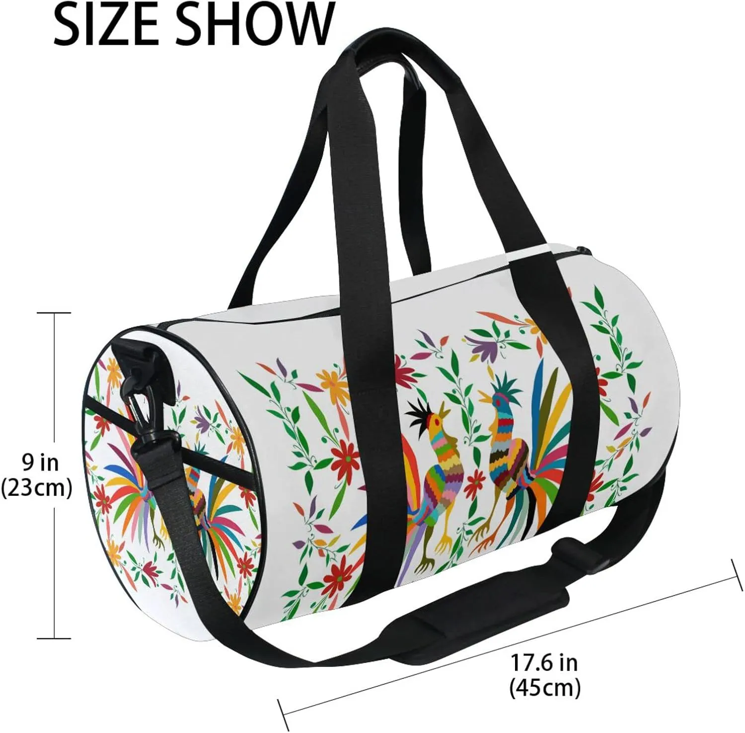 Ethnic Mexican with Embroidery Floral and Roosters Folk Duffel Bag, Foldable Canvas Travel Tote for Gym Sports with Inner Pockets, Durable Lightweight Fitness Bag for Overnight Workout