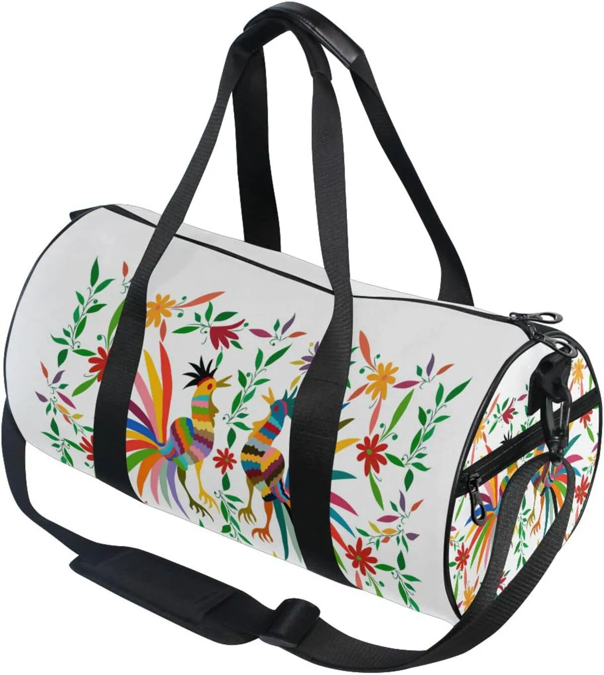 Ethnic Mexican with Embroidery Floral and Roosters Folk Duffel Bag, Foldable Canvas Travel Tote for Gym Sports with Inner Pockets, Durable Lightweight Fitness Bag for Overnight Workout