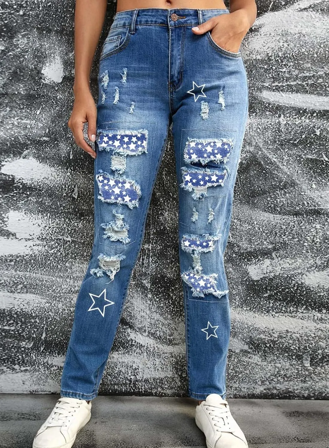 EVALESS Ripped Jeans for Women Plaid Patch Boyfriend Skinny Distressed Denim Jean Pants