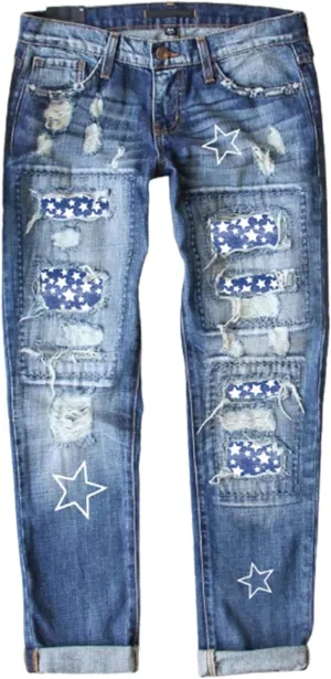 EVALESS Ripped Jeans for Women Plaid Patch Boyfriend Skinny Distressed Denim Jean Pants