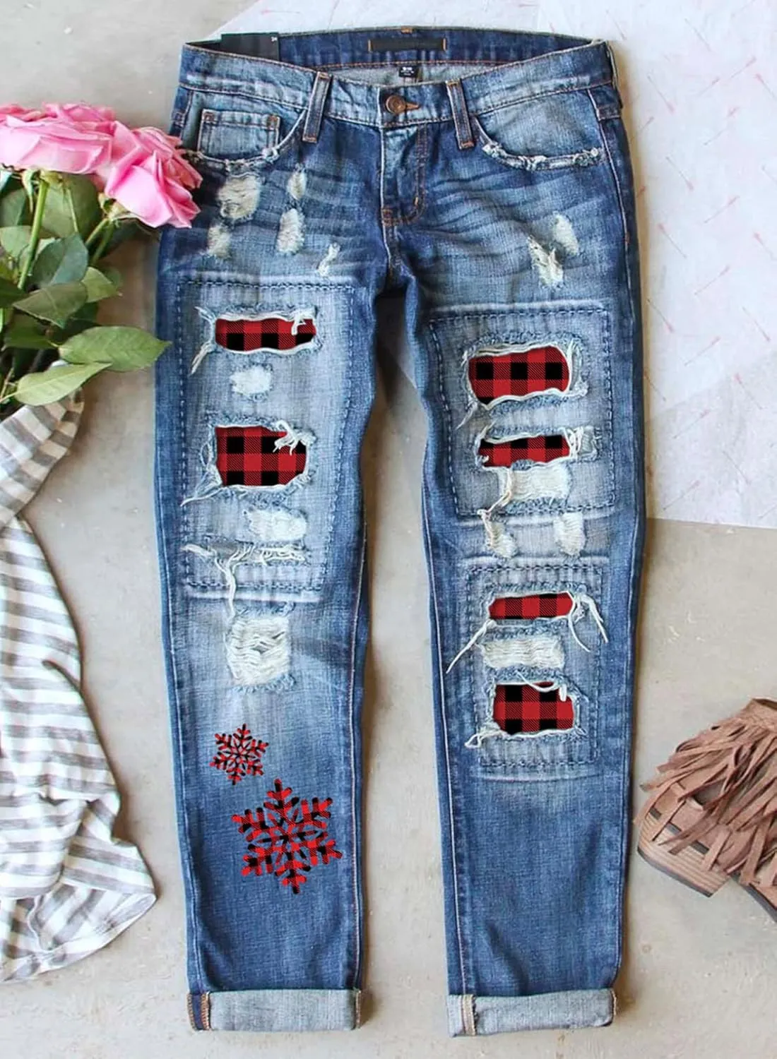 EVALESS Ripped Jeans for Women Plaid Patch Boyfriend Skinny Distressed Denim Jean Pants