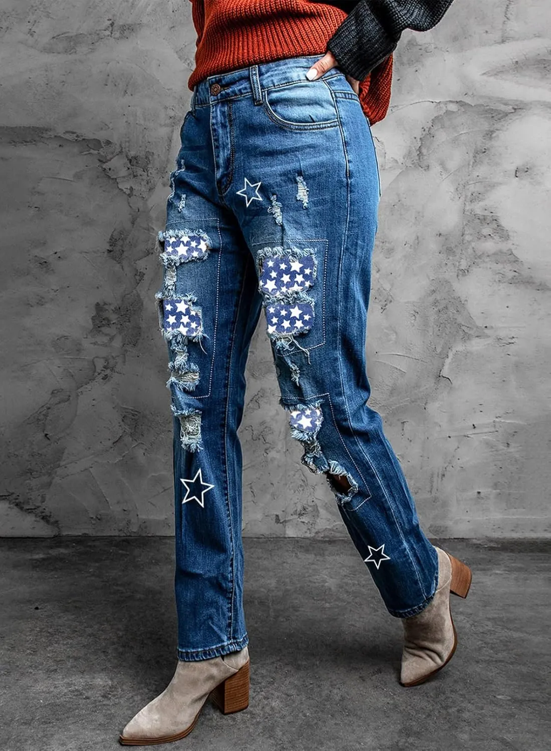 EVALESS Ripped Jeans for Women Plaid Patch Boyfriend Skinny Distressed Denim Jean Pants