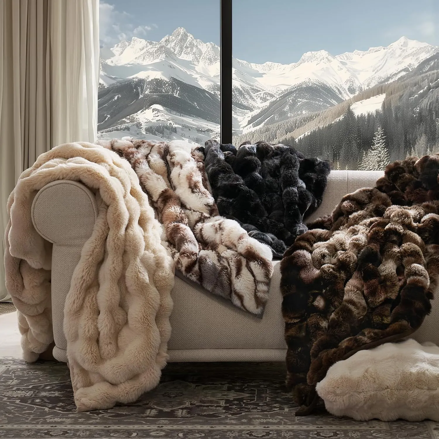 EVERGRACE Ultra Soft Luxury Fluffy Ridgeline Faux Rabbit Fur Throw Blanket, Thick Warm Bubble Throw for Bed, Cozy Plush Reversible Blankets for Couch, Chair, Sofa, Beige & Gray, 60x80 Inches, 870 GSM