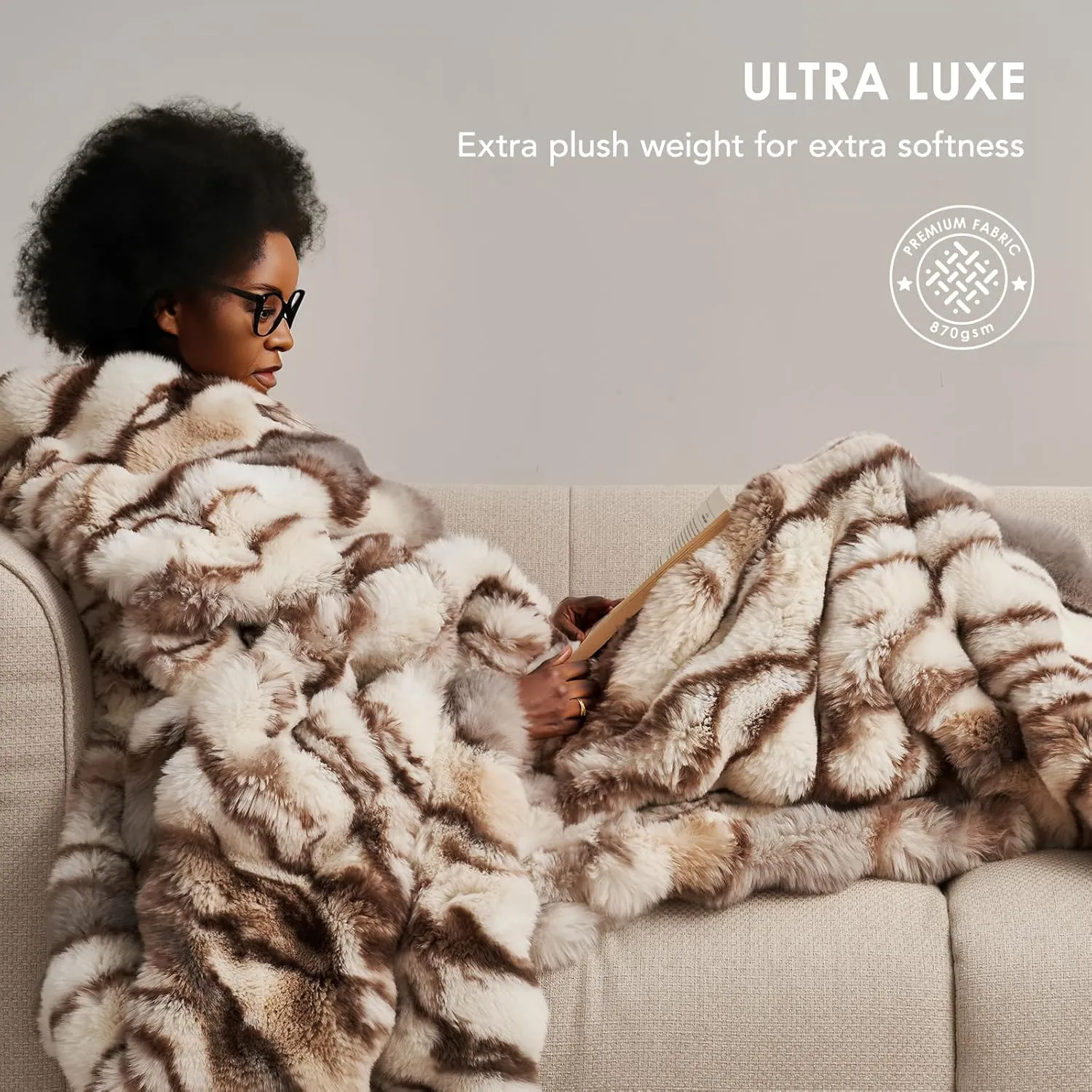 EVERGRACE Ultra Soft Luxury Fluffy Ridgeline Faux Rabbit Fur Throw Blanket, Thick Warm Bubble Throw for Bed, Cozy Plush Reversible Blankets for Couch, Chair, Sofa, Beige & Gray, 60x80 Inches, 870 GSM