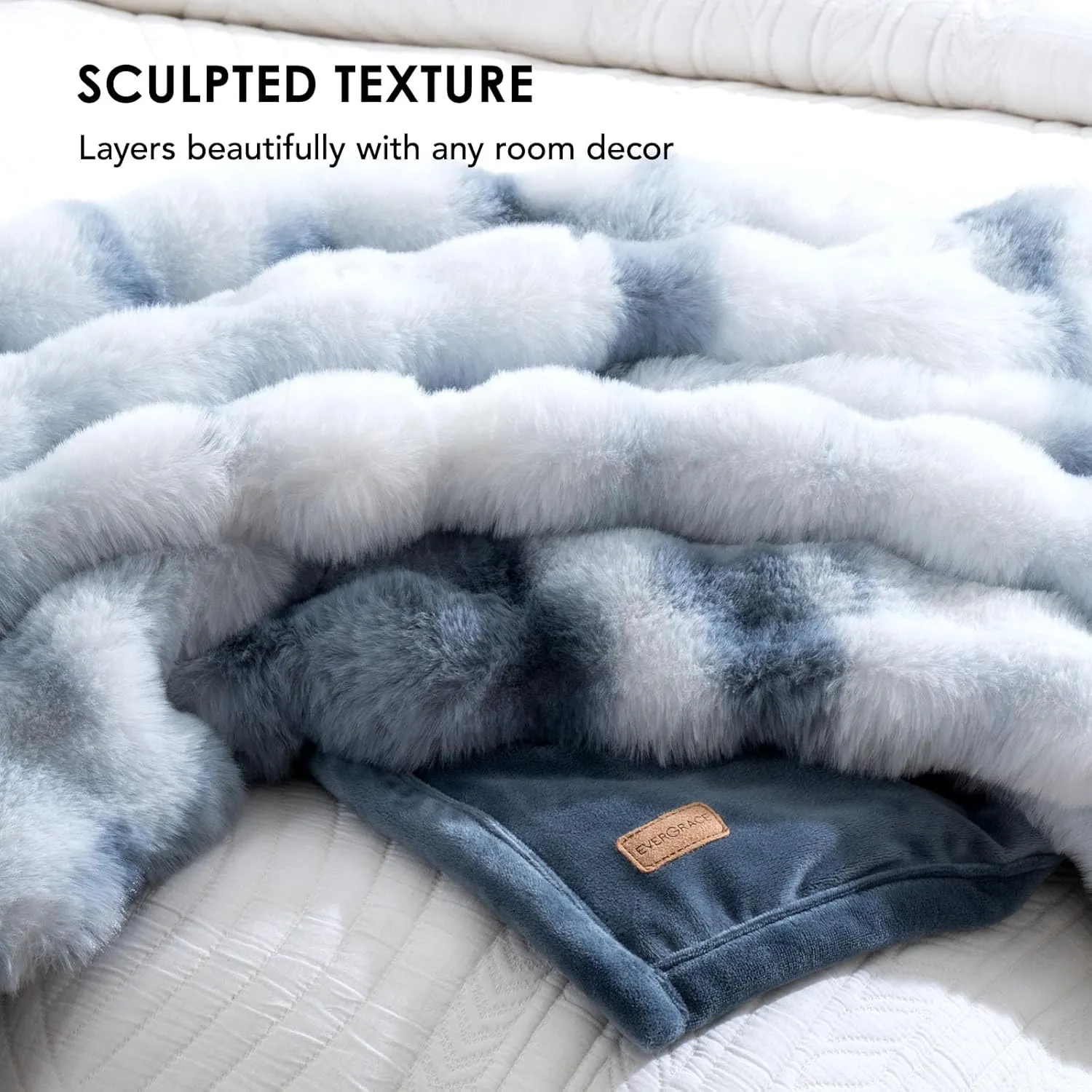 EVERGRACE Ultra Soft Luxury Fluffy Ridgeline Faux Rabbit Fur Throw Blanket, Thick Warm Bubble Throw for Bed, Cozy Plush Reversible Blankets for Couch, Chair, Sofa, Cloud Blue, 60x80 Inches, 870 GSM