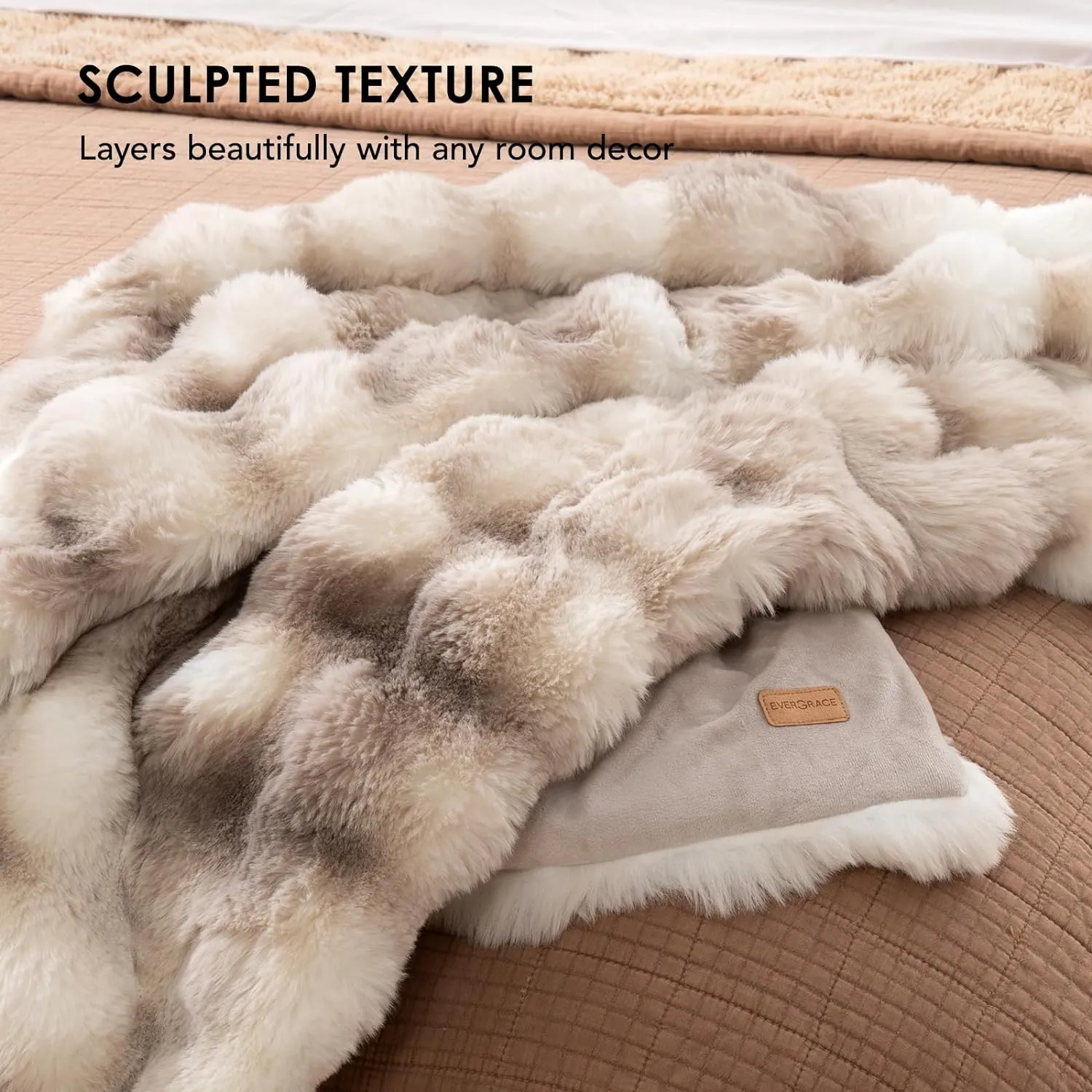EVERGRACE Ultra Soft Luxury Fluffy Ridgeline Faux Rabbit Fur Throw Blanket, Thick Warm Bubble Throw for Bed, Cozy Plush Reversible Blankets for Couch, Chair, Sofa, Light Grey, 60x80 Inches, 870 GSM