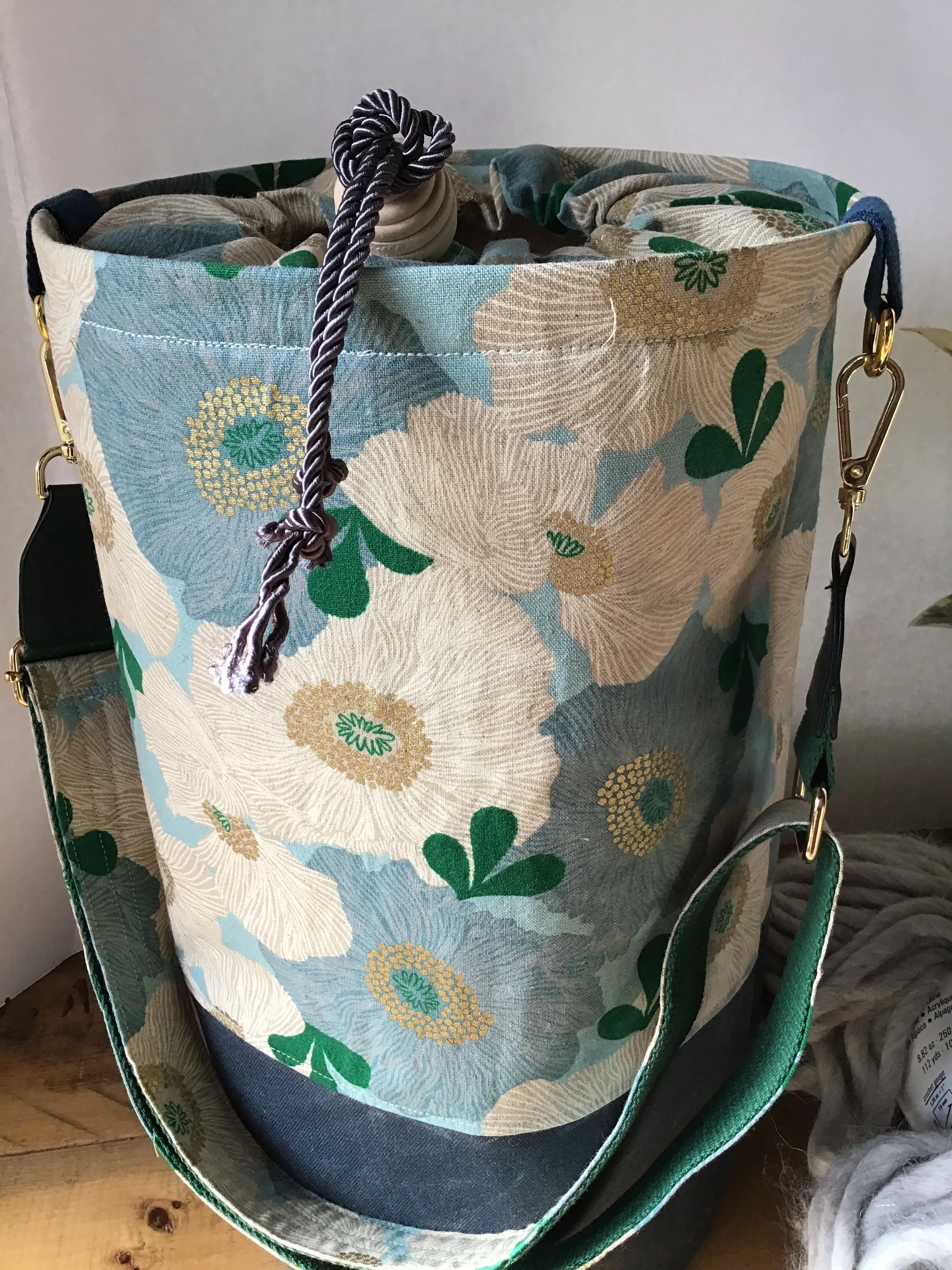 Everyday Tote, Round Project or Knitting Tote, Ruby Star Society Blue Camellia & Two Waxed Canvas Options, Blue & Tan