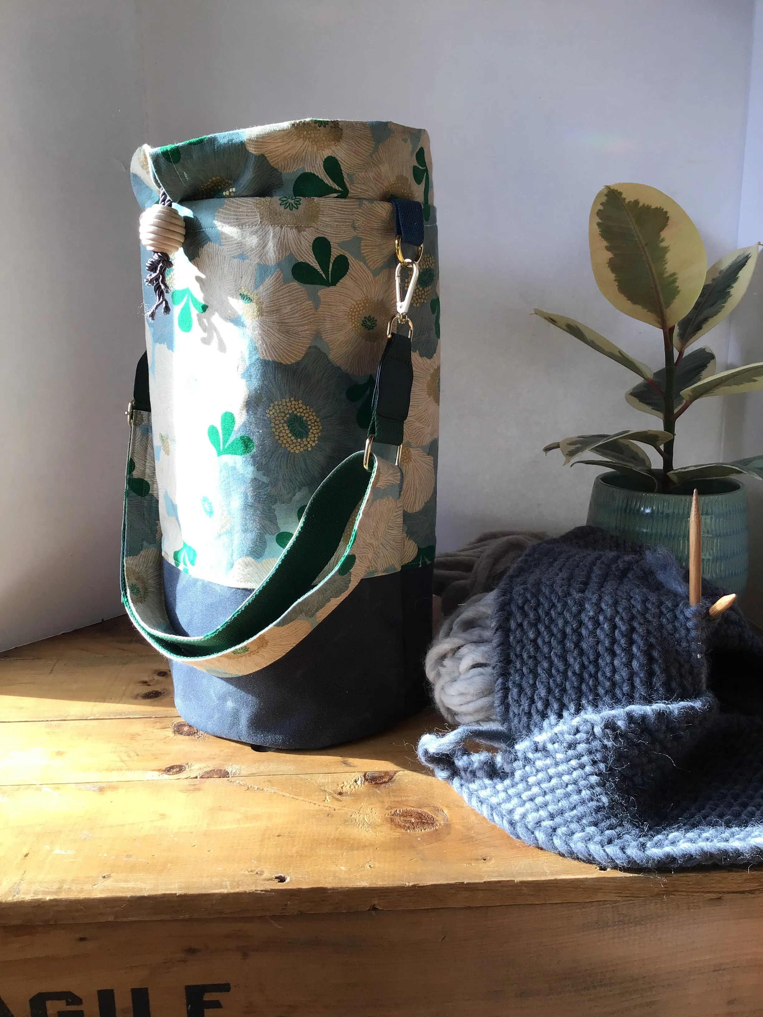 Everyday Tote, Round Project or Knitting Tote, Ruby Star Society Blue Camellia & Two Waxed Canvas Options, Blue & Tan