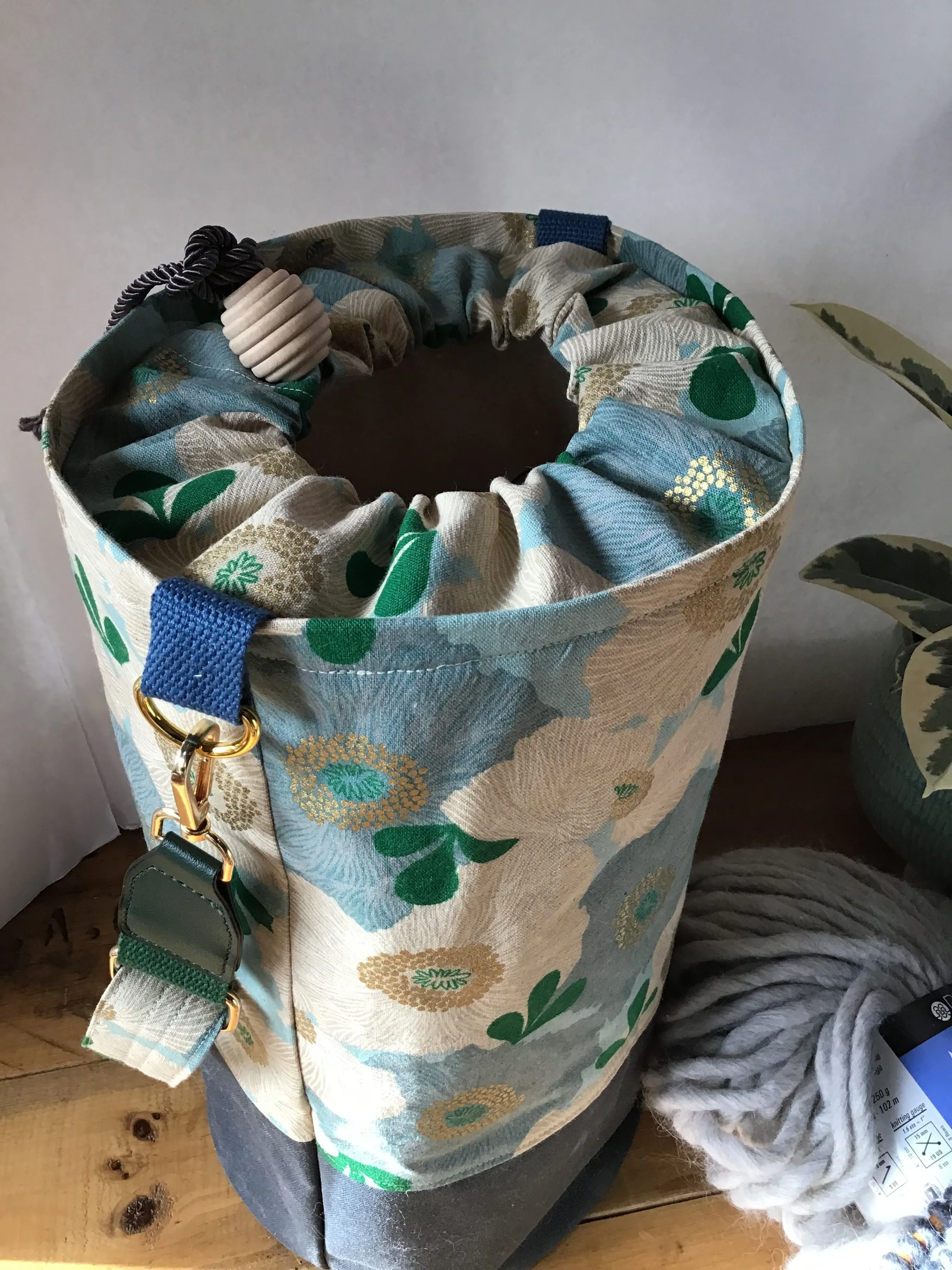Everyday Tote, Round Project or Knitting Tote, Ruby Star Society Blue Camellia & Two Waxed Canvas Options, Blue & Tan
