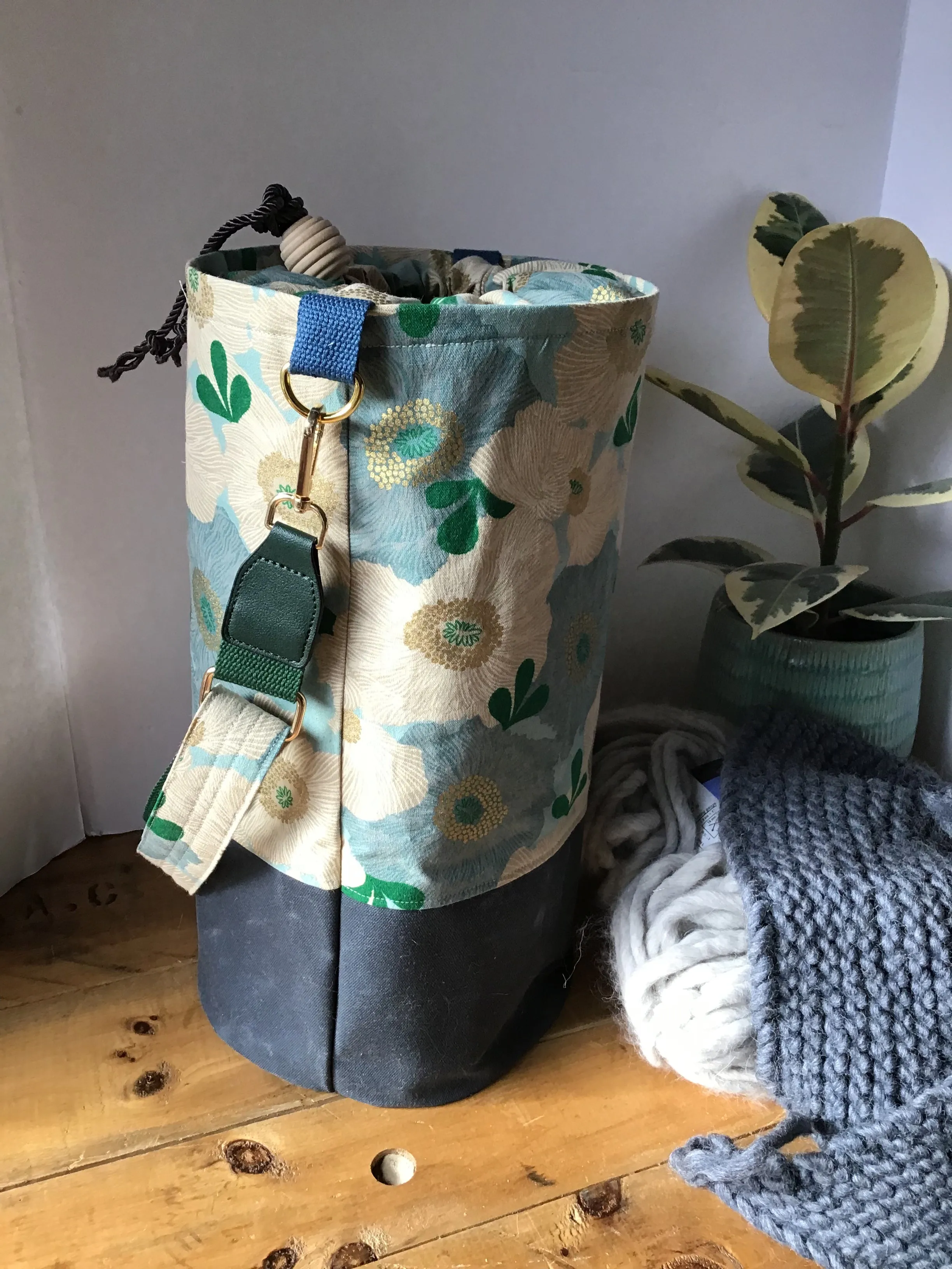 Everyday Tote, Round Project or Knitting Tote, Ruby Star Society Blue Camellia & Two Waxed Canvas Options, Blue & Tan