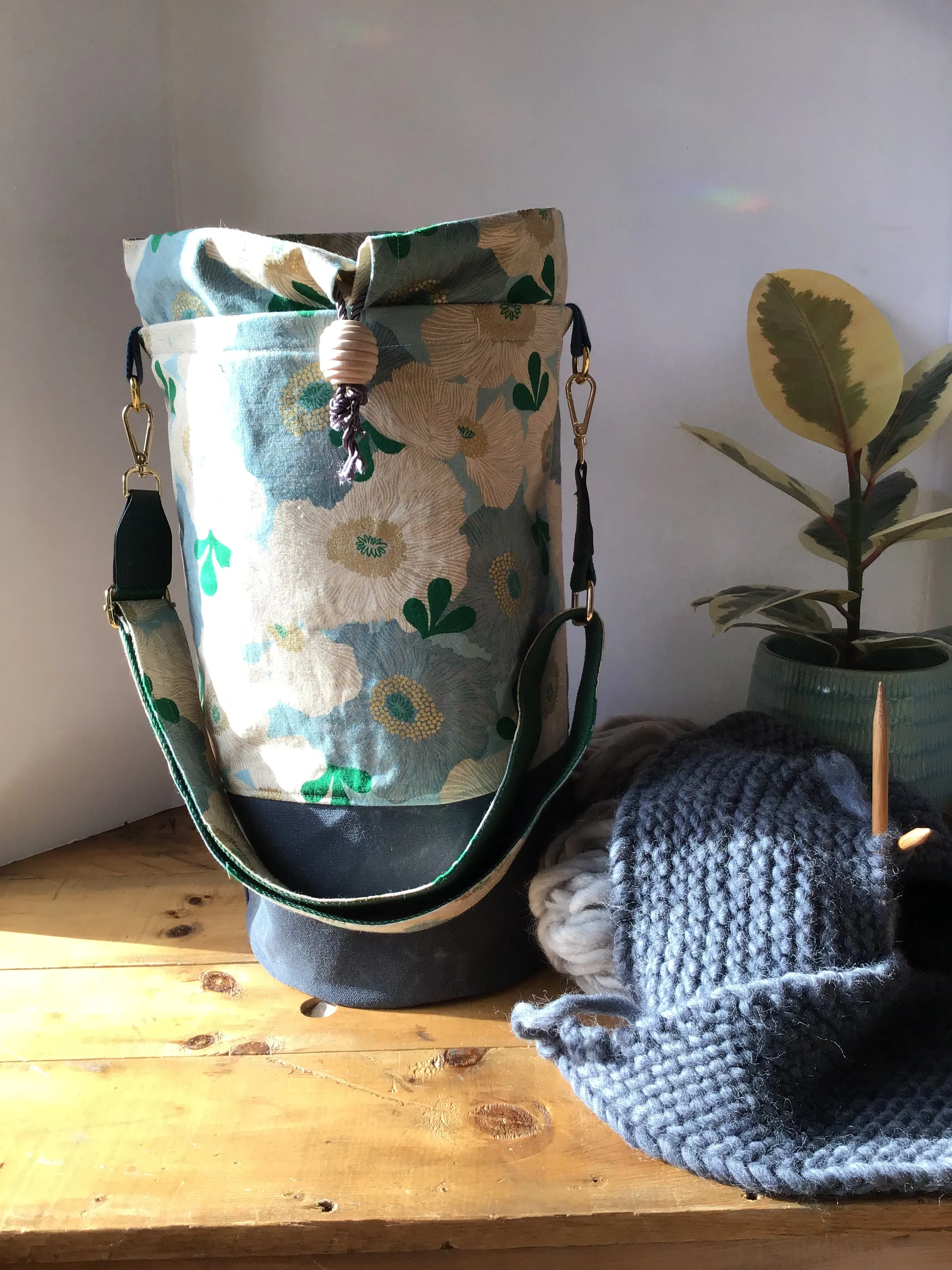 Everyday Tote, Round Project or Knitting Tote, Ruby Star Society Blue Camellia & Two Waxed Canvas Options, Blue & Tan