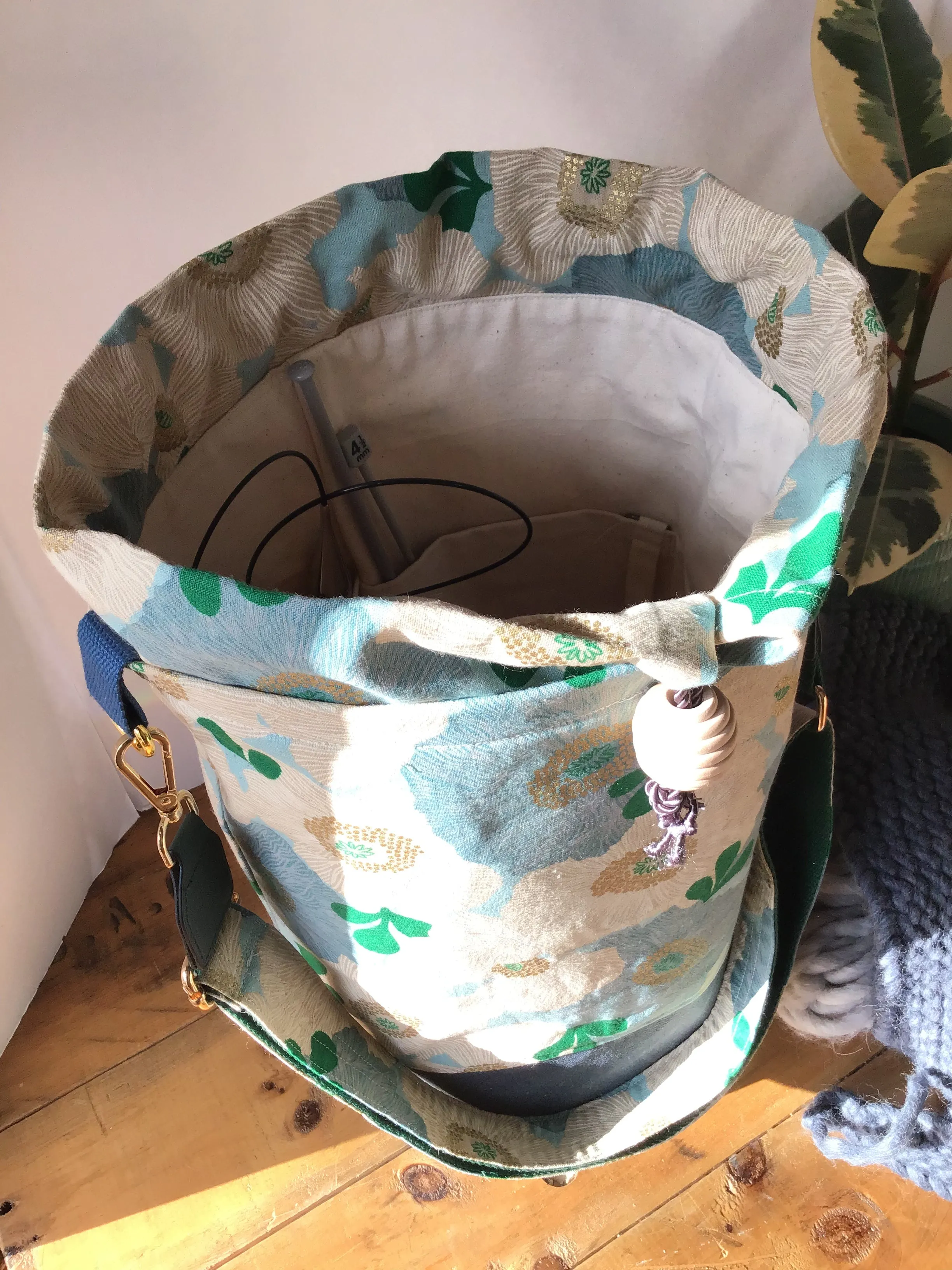 Everyday Tote, Round Project or Knitting Tote, Ruby Star Society Blue Camellia & Two Waxed Canvas Options, Blue & Tan