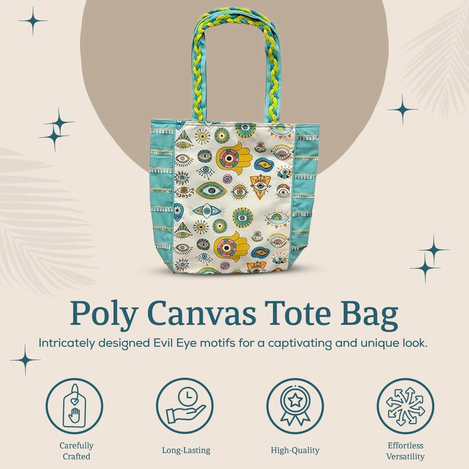 Evil Eye Poly Canvas Tote Bag - Large Shoulder Bag for Women - Beach & Travel bag - Ideal for Grocery & Shopping