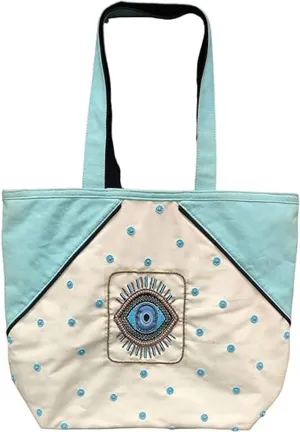 Evil Eye Poly Canvas Tote Bag - Large Shoulder Bag for Women - Beach & Travel bag - Ideal for Grocery & Shopping