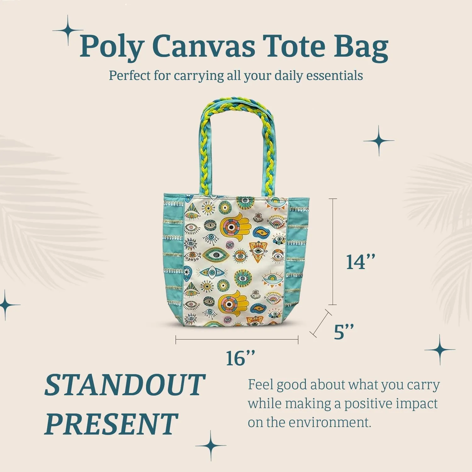 Evil Eye Poly Canvas Tote Bag - Large Shoulder Bag for Women - Beach & Travel bag - Ideal for Grocery & Shopping