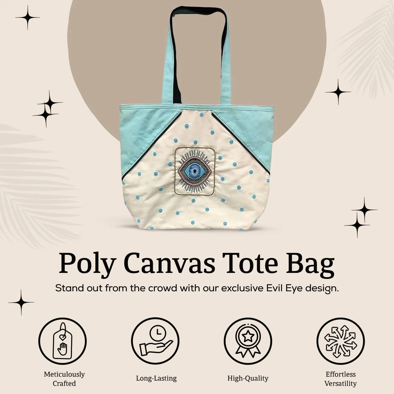 Evil Eye Poly Canvas Tote Bag - Large Shoulder Bag for Women - Beach & Travel bag - Ideal for Grocery & Shopping