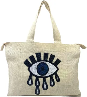 Evil Eye Tote Bag for Women Jute Bag With Handles Beach Bags With Zipper Waterproof