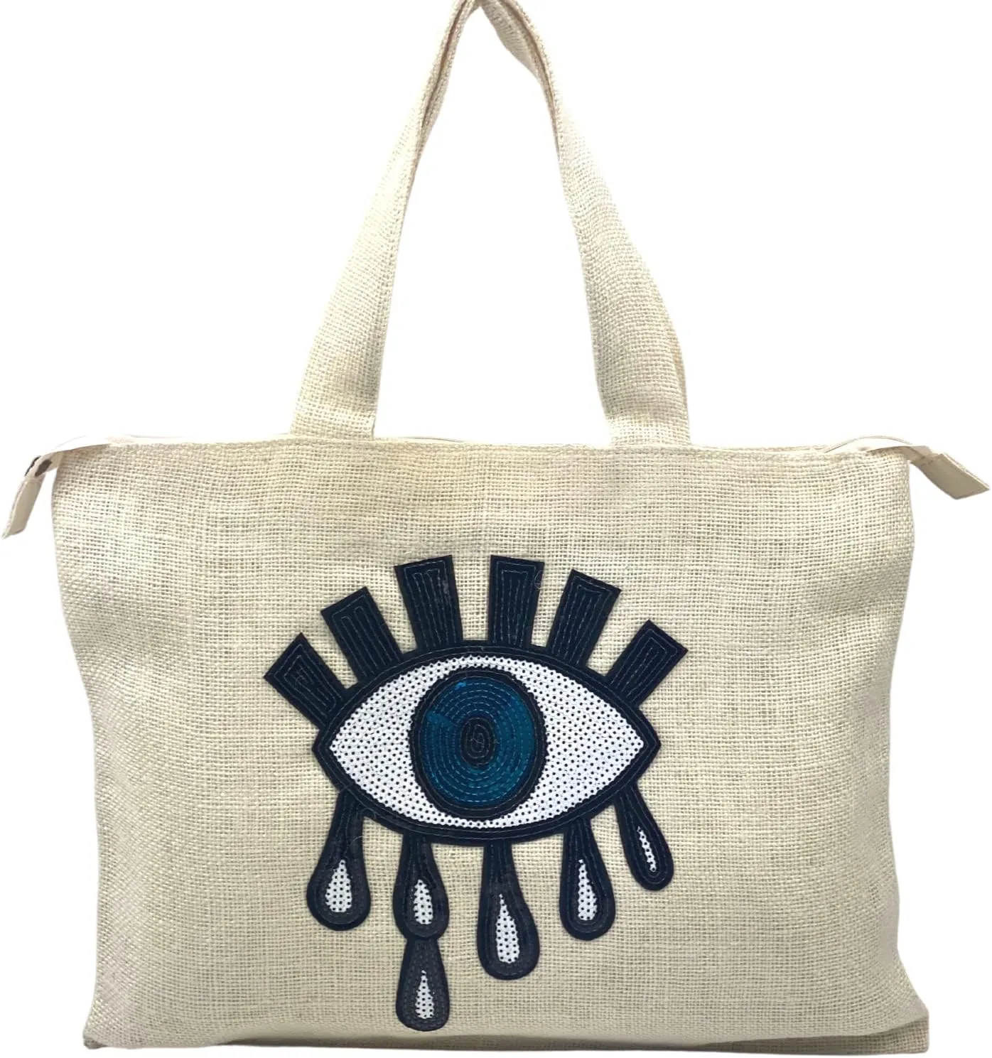 Evil Eye Tote Bag for Women Jute Bag With Handles Beach Bags With Zipper Waterproof