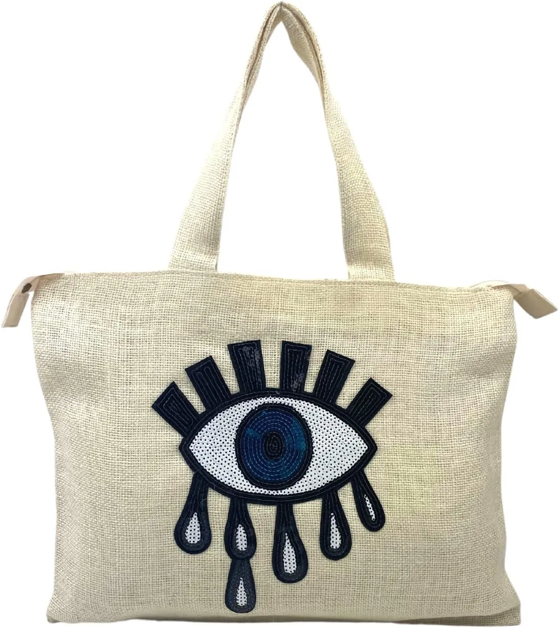 Evil Eye Tote Bag for Women Jute Bag With Handles Beach Bags With Zipper Waterproof