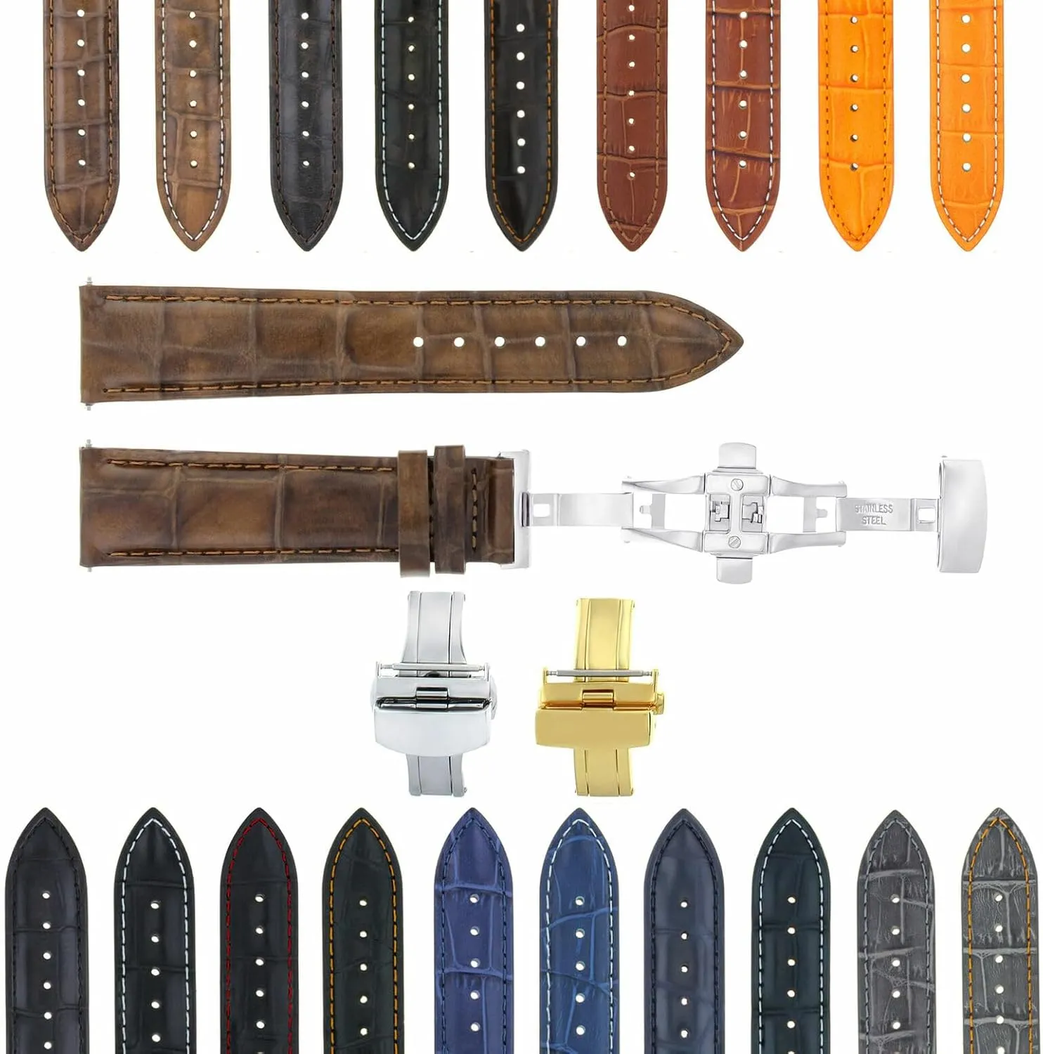 Ewatchparts 17-24mm Leather Watch Band Strap With Deployment Clasp Compatible With Panerai Watch 3B