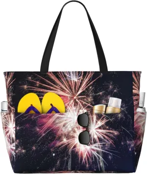 Explosion Fireworkprint Large Capacity Beach Travel Bag,With Zipper And Pockets For Travel Vacation Gym