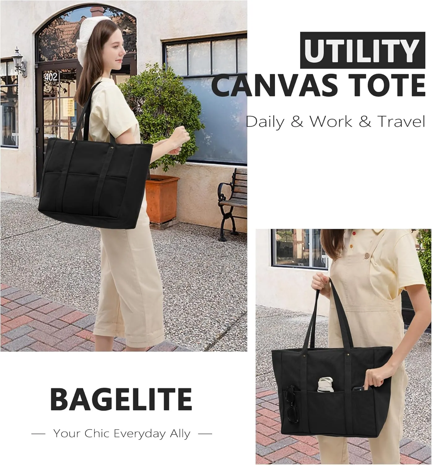 Extra Large Canvas Tote Bag for Women Men, Utility Work Tote with Zipper, Laptop Tote, Teacher Tote